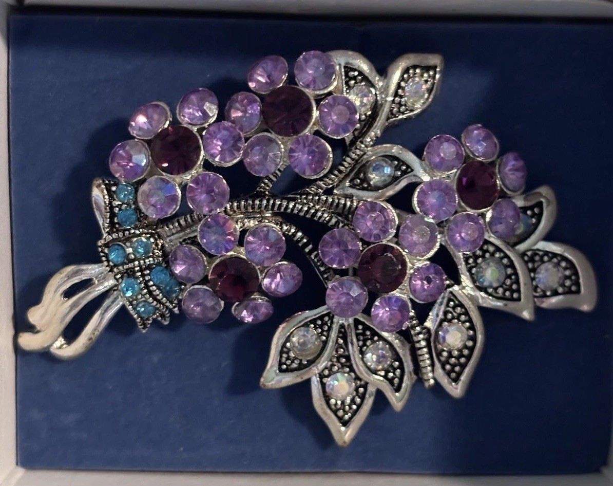 Vintage Nina Ricci Rhinestone Brooch Purple Flower Bouquet Silver Tone 2 3/8″