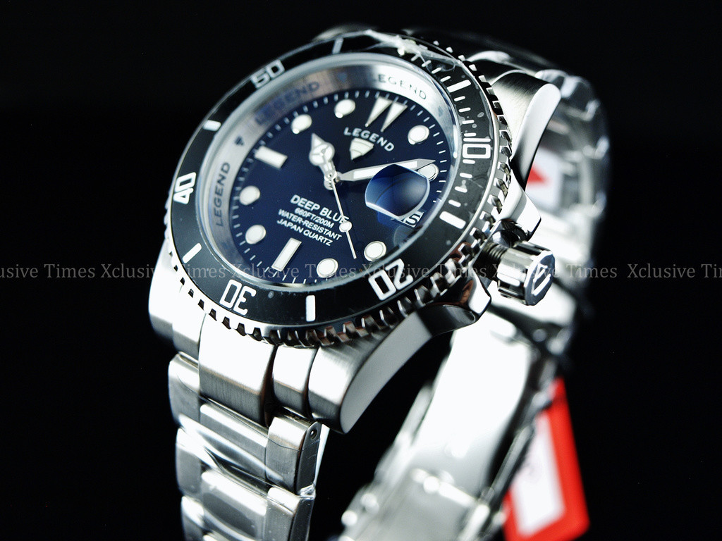 RARE Legend Men 200m Deep Blue Diver Midnight Black Dial Quartz SS Watch