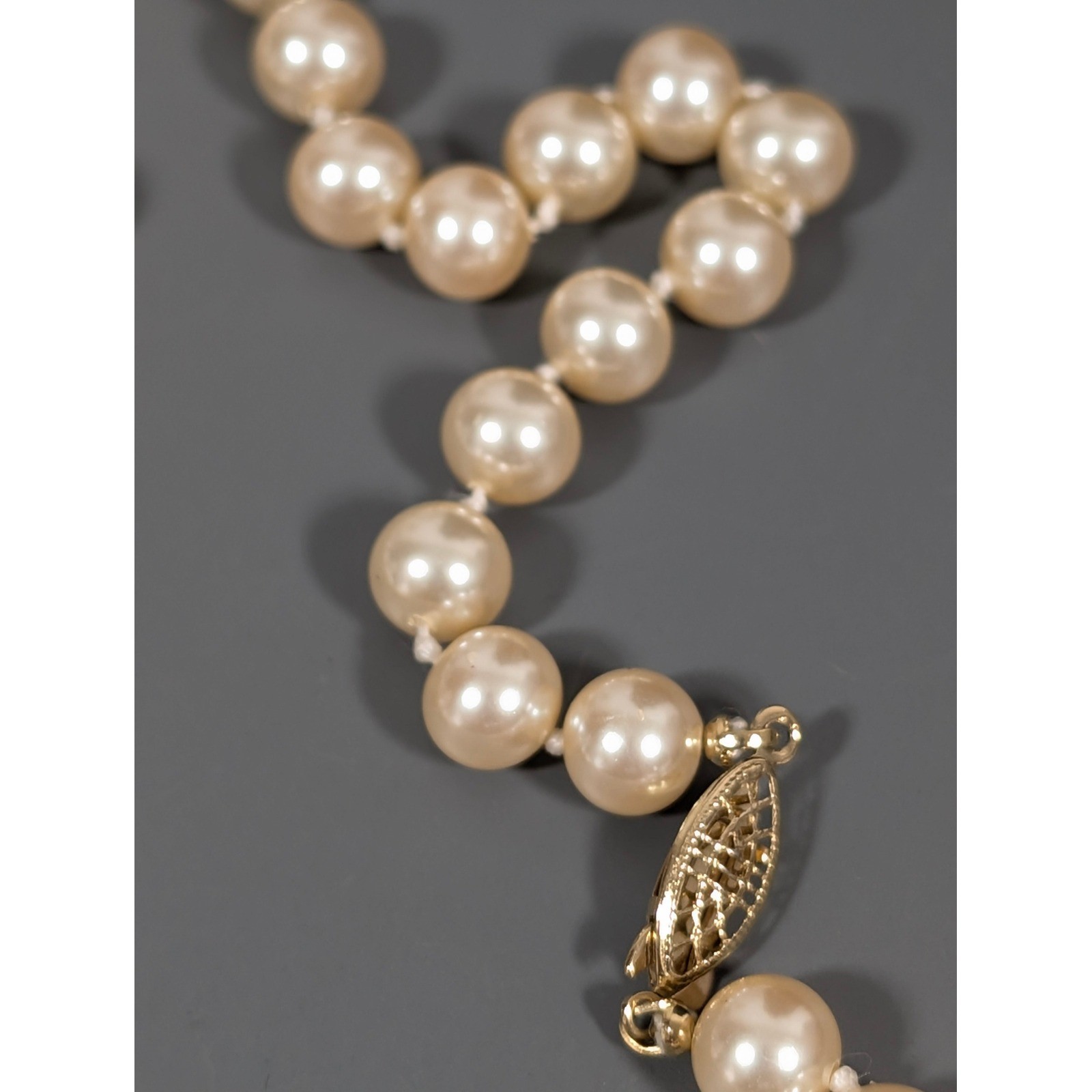 Cream Champagne Faux Pearl Necklace Glass Bead Strand 18 Inch Classic