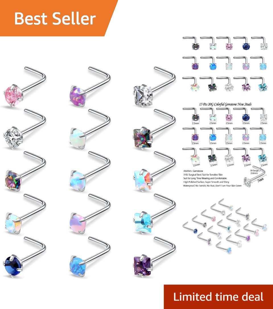 15 Pcs 20G L-Shaped Nose Rings with CZ & Opal – Hypoallergenic Steel Jewelry