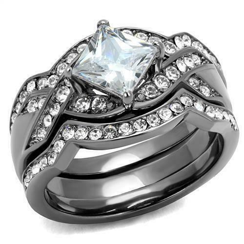 Brilliant 1.6Ct Princess Cubic Zircon CZ AAA Light Black Wedding Set Tk2741