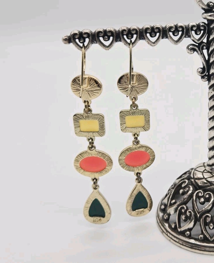 Liz Claiborne Geometric enamel Dangle Earrings 80s Retro Green Orange Yellow 3 “