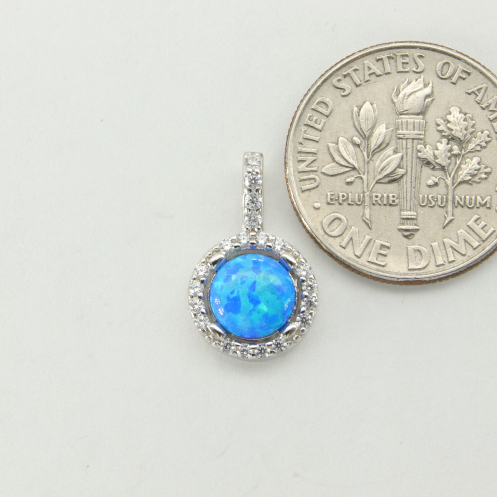 Small Blue – Round FIRE OPAL Pendant 20 CZ – 925 STERLING SILVER – Rhodium #318e