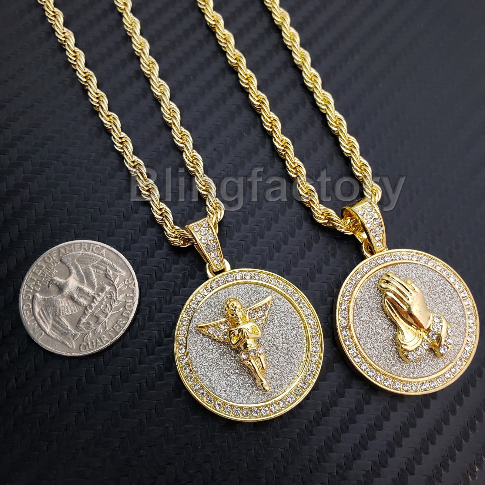 Gold plated Alloy Cubic Zirconia Baby Angel & Praying Hands & 24″ Chain Necklace