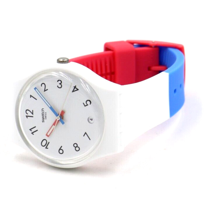 Swiss Swatch GENT IN THE BLOCK Tri-Color Silicone Date Watch 34mm SO28W400 $75