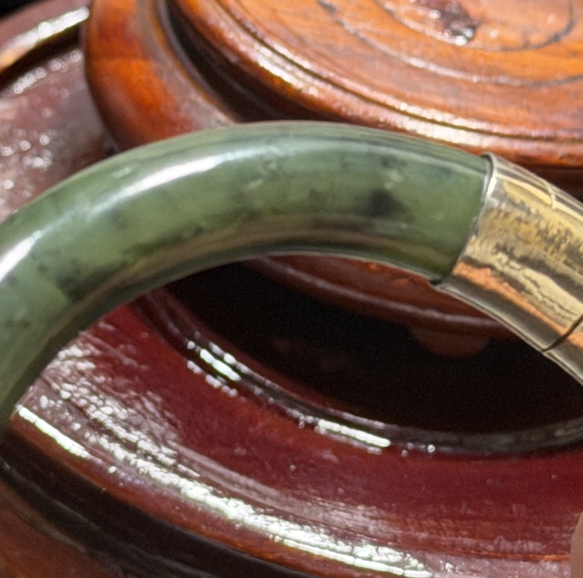 Vintage Jade And Sterling Silver Hinged Bangle Bracelet With Safety Chain