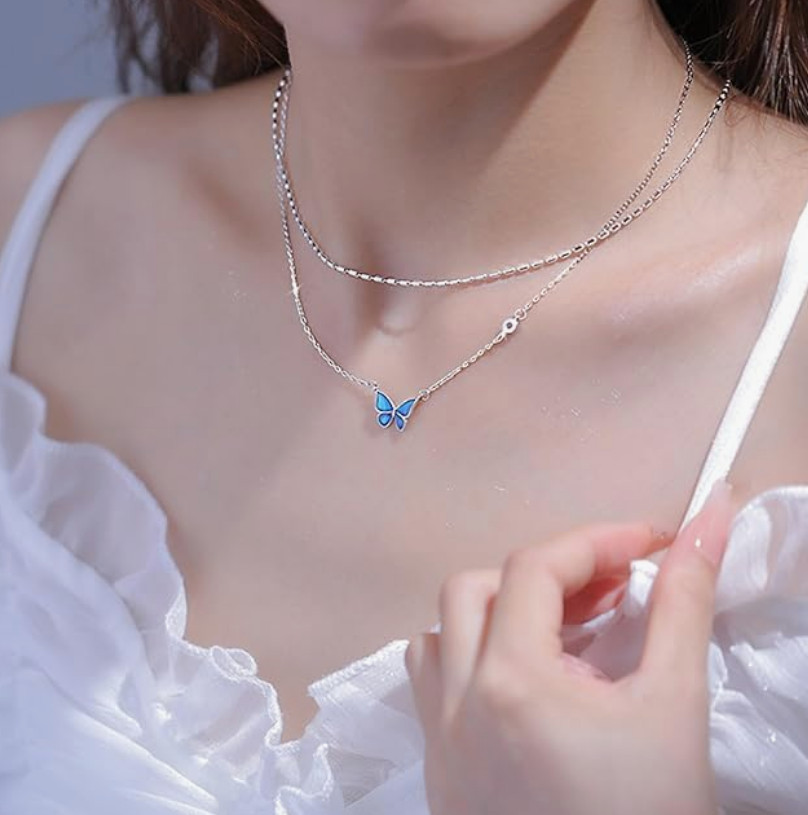 18K White Gold Plated CZ Blue Enamel Butterfly Silver Necklace Color Changing B2
