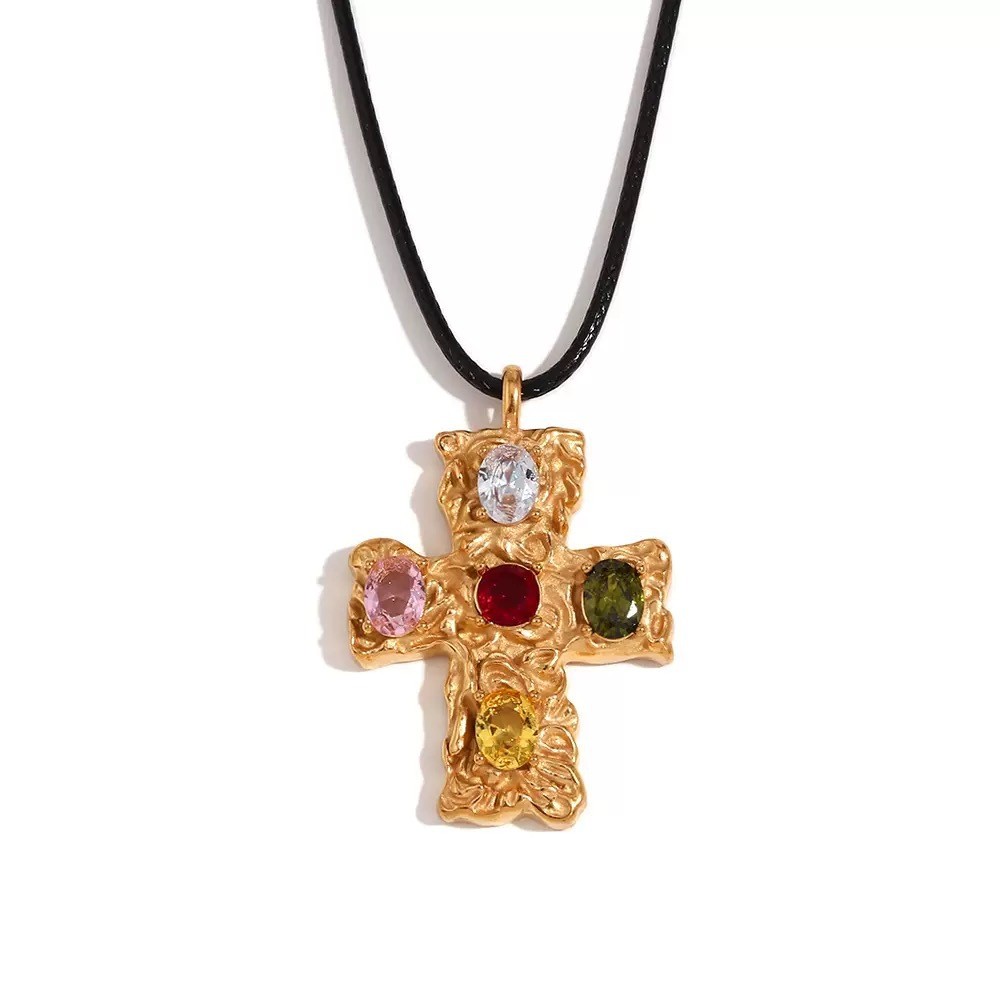 Stainless Steel Waxed Cord Colored Zircon Hammer Cross Inlaid Zircon Necklace