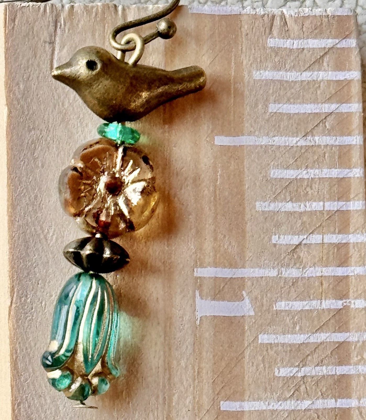 Sweet Bronze Bird with Golden Flower and Aqua Leaf Bead Earrings. Fall