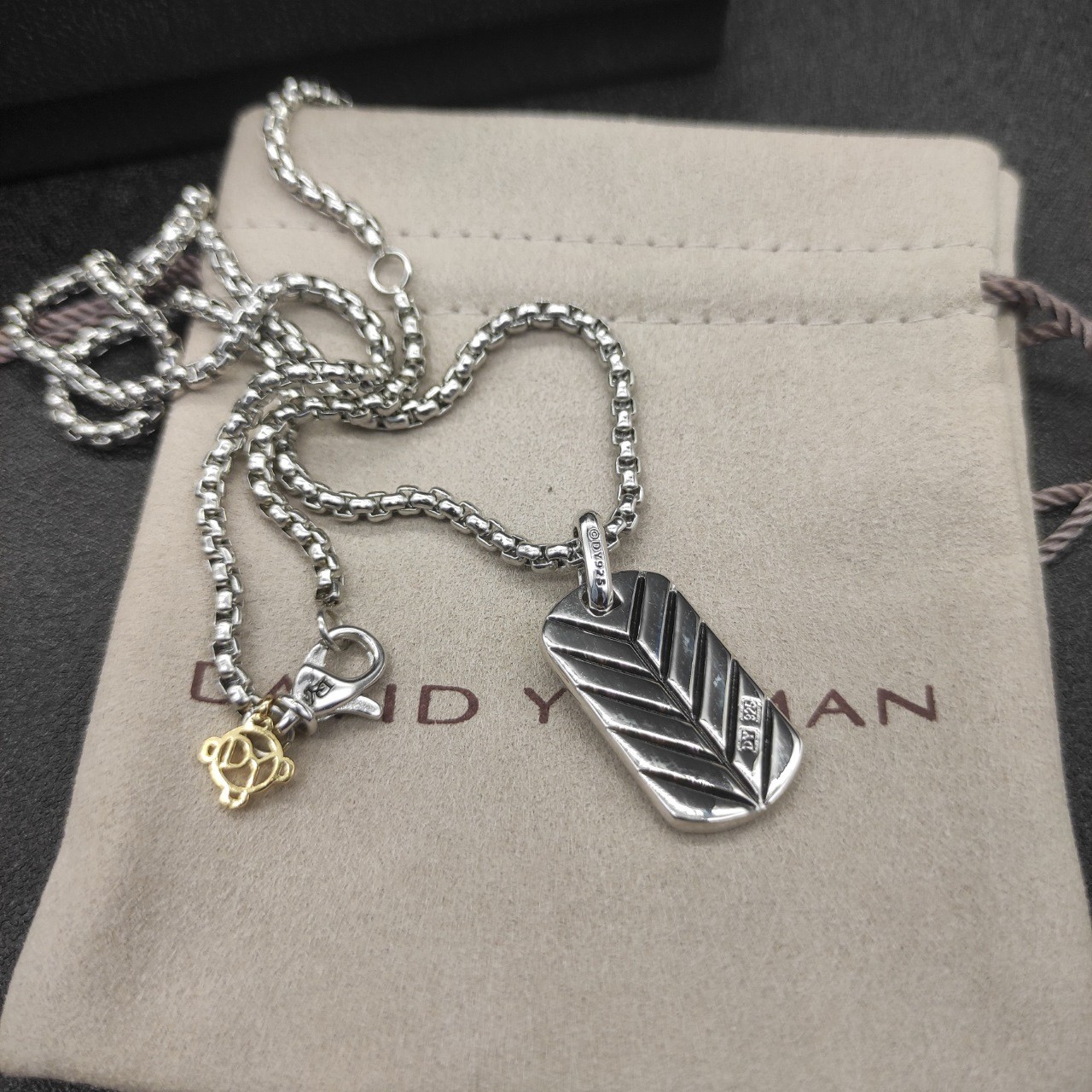 David Yurman Black Diamond Dog Tag Pendant 925 Silver Box Chain Necklace 19.6IN