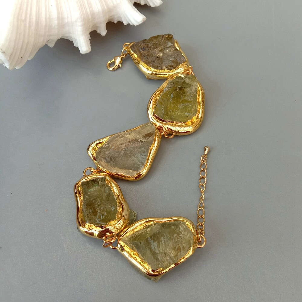 Natural Lemon Quartz Rough Raw Bracelet Gold Plated Brushed Bead Semi Precious