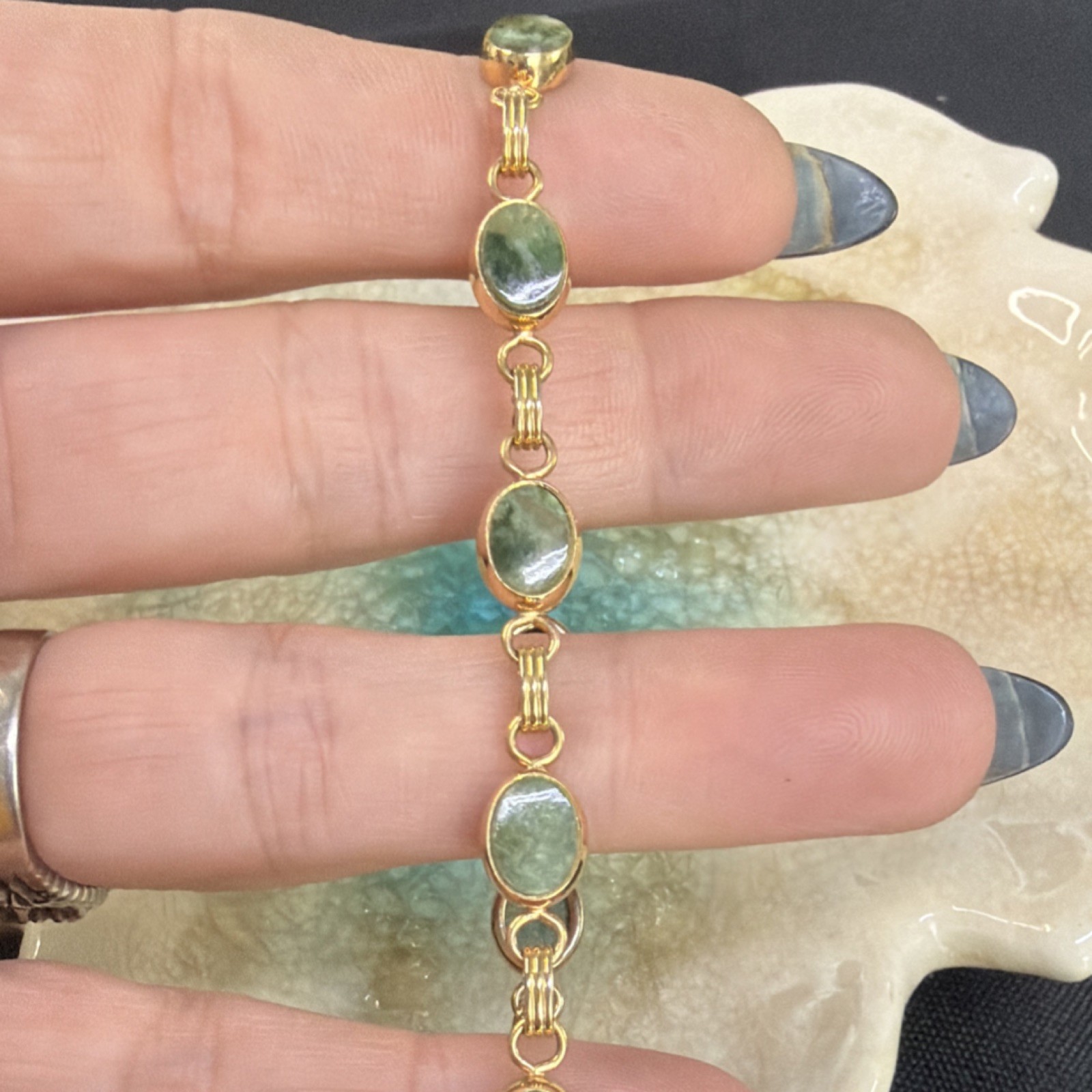 Yellow Gold Filled 1/20-12K Green Jade Oval Link Chain Bracelet 7 in