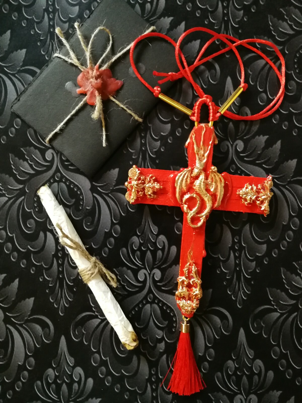 red dragon rouge cross crucifix wood witch pendant magical talisman pagan gothic