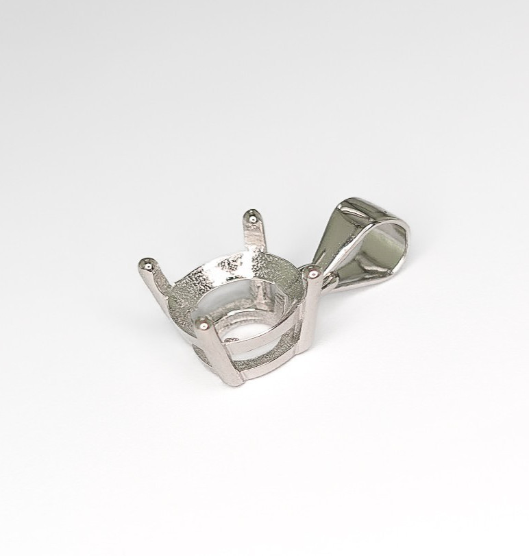 Round 4 Prong Basket Pendant Setting Dangle Bail Sterling Silver Rhodium Finish