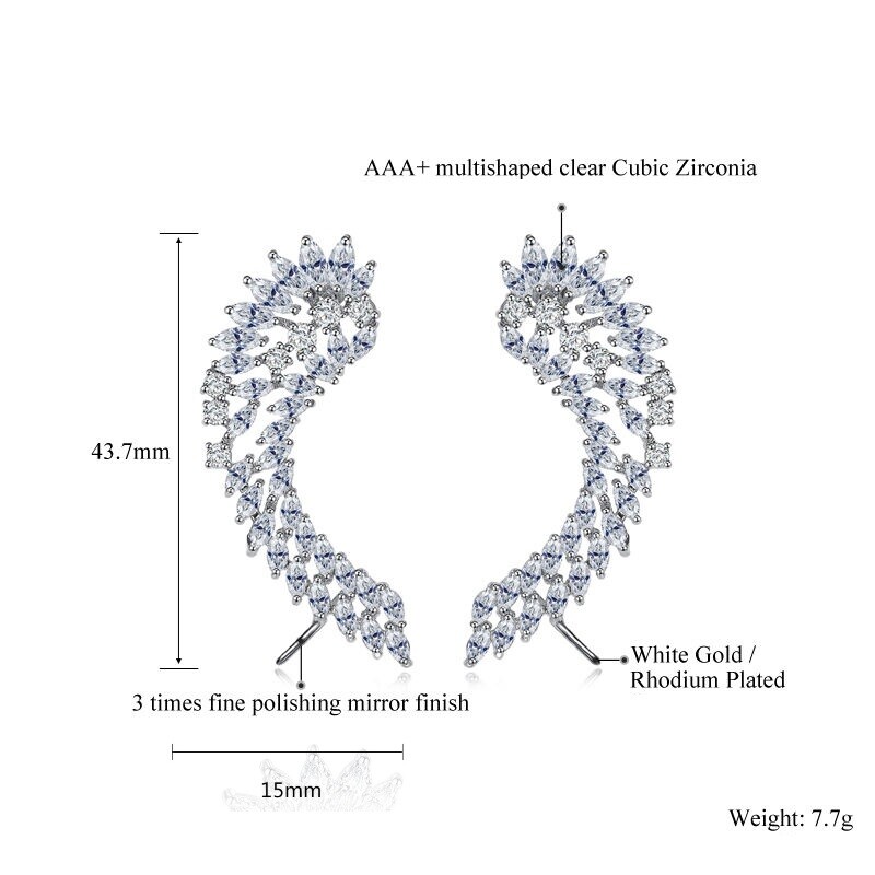 Silver Cubic Zirconia CZ Wing Feather Pin Ear Cuff Crawler Climber Earrings PE37