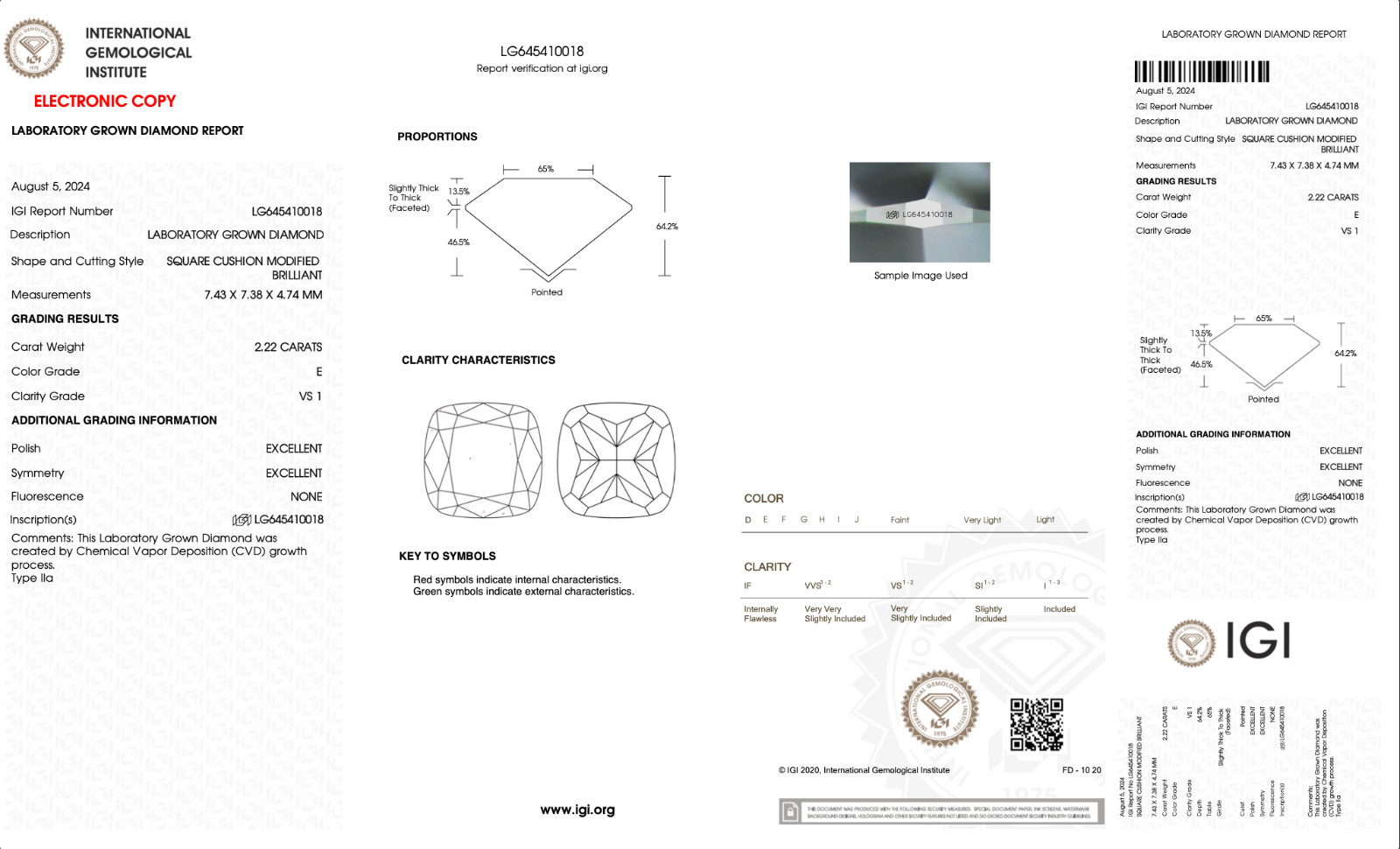 100% Authentic 2.22 Carat VS1 IGI Certified CVD Lab Grown Diamond Square Cushion