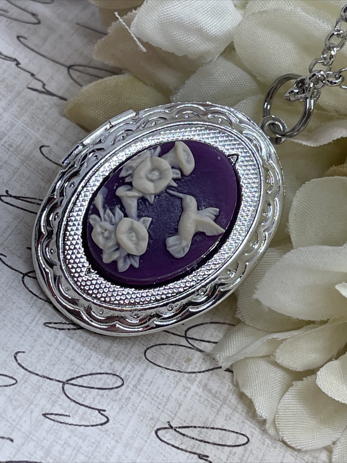 Purple Hummingbird Dainty Cameo Locket Silver Gift Wedding Party Jewelry Heart