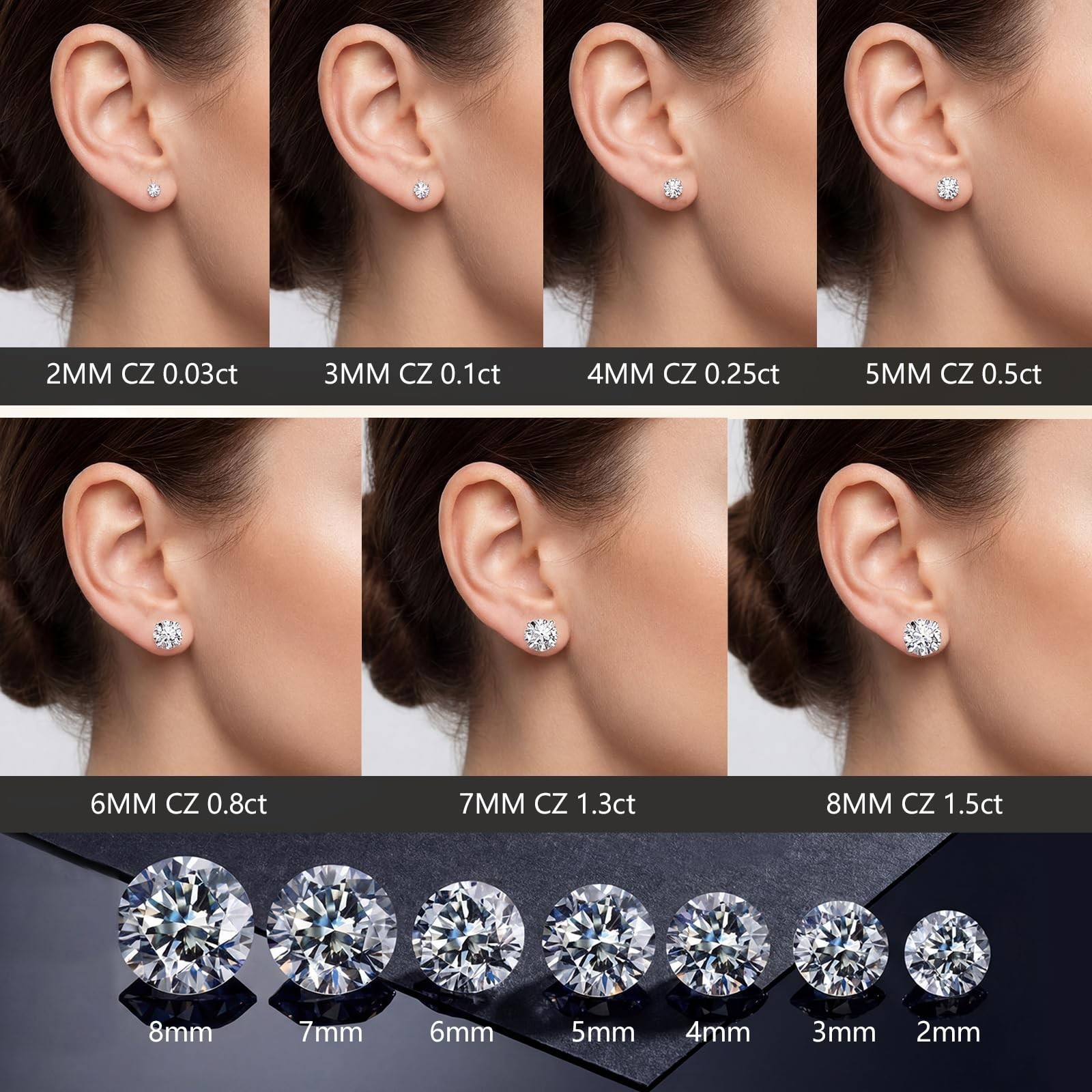 7 Pairs Stainless Steel CZ Stud Earrings Set | 20G posts, 2-8mm CZ studs, 7-p…
