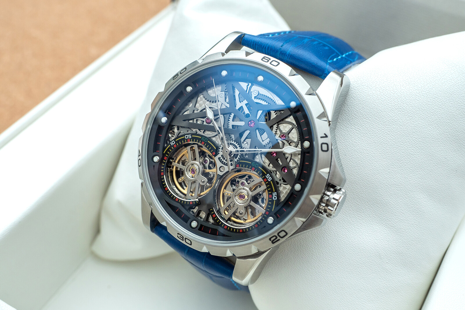 Mens Silver Double Flywheel Skeleton Automatic Mechanical Watch Blue Leather