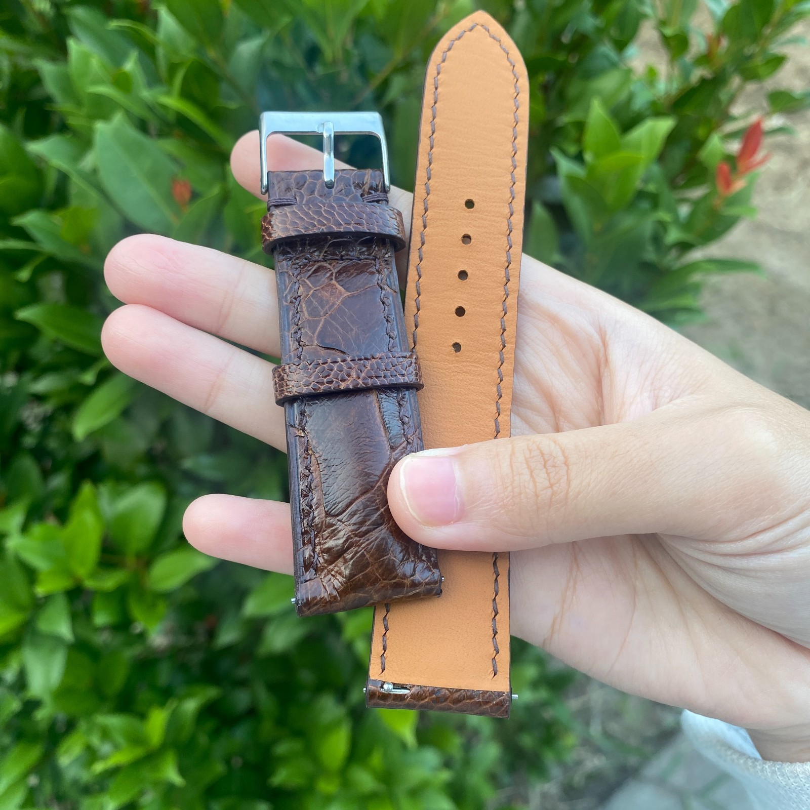 Dark Brown Ostrich Leather Watch Band Customized Watch Strap Silver Buckle