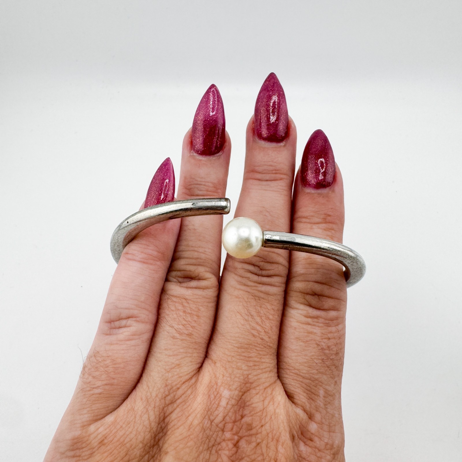 Vintage Silver Tone Open Ended Hinge Bangle Bracelet with Faux Pearl Accent