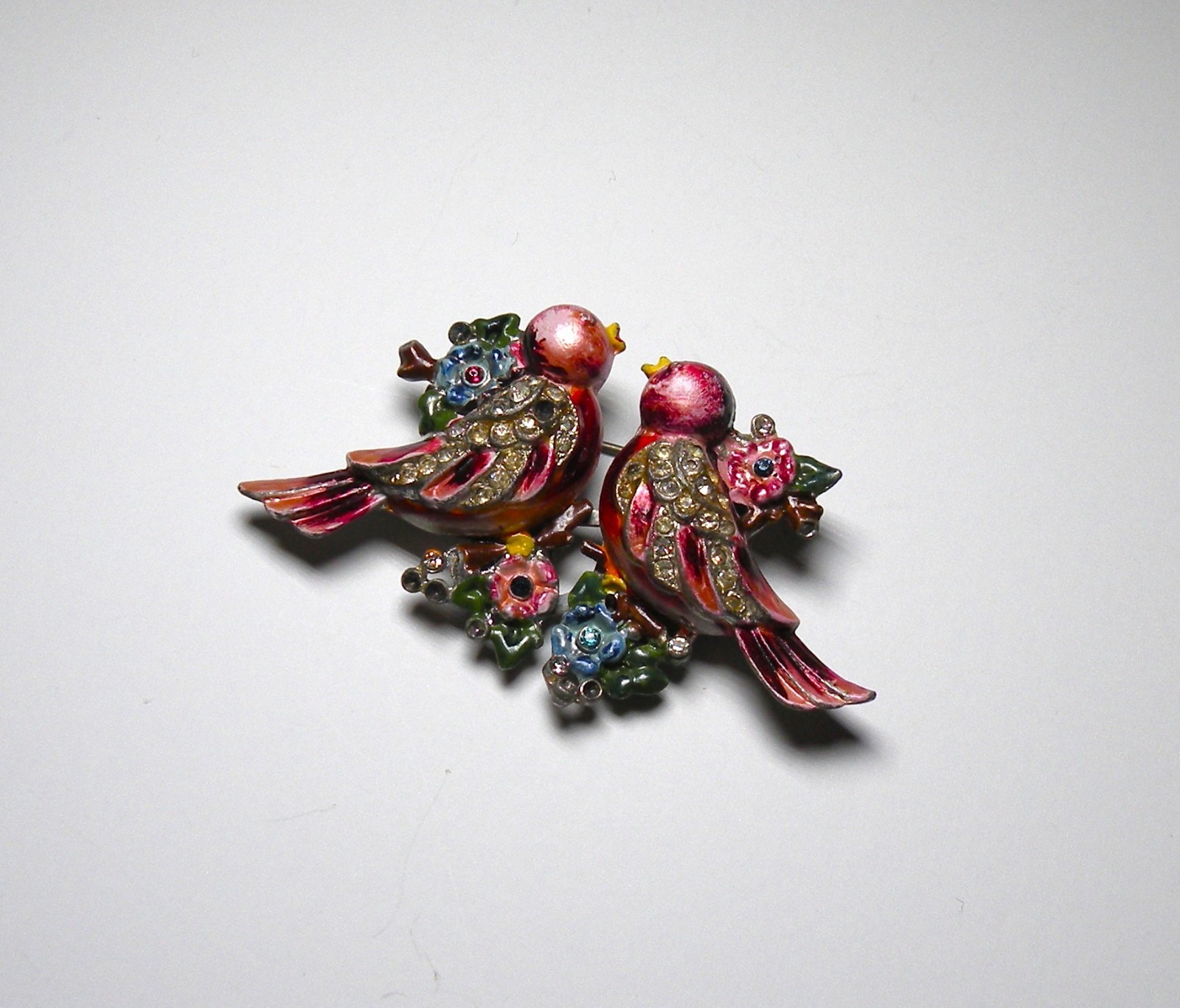 VINTAGE 1940S CORO DUETTE LOVE BIRDS ART DECO CLIPS RHINESTONE PIN BROOCH CRAFT