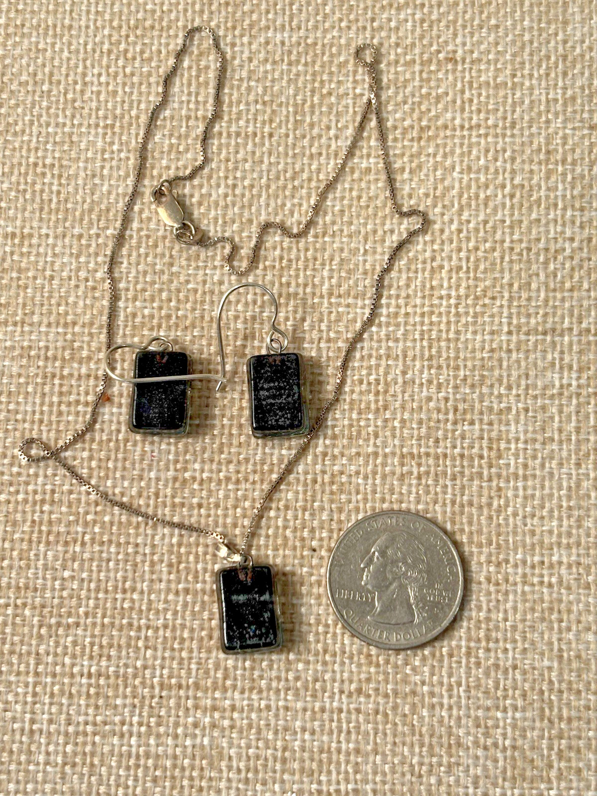 Art Glass Sterling Blue Green Black Silver Set Pendant w/ 16” Chain and Earrings