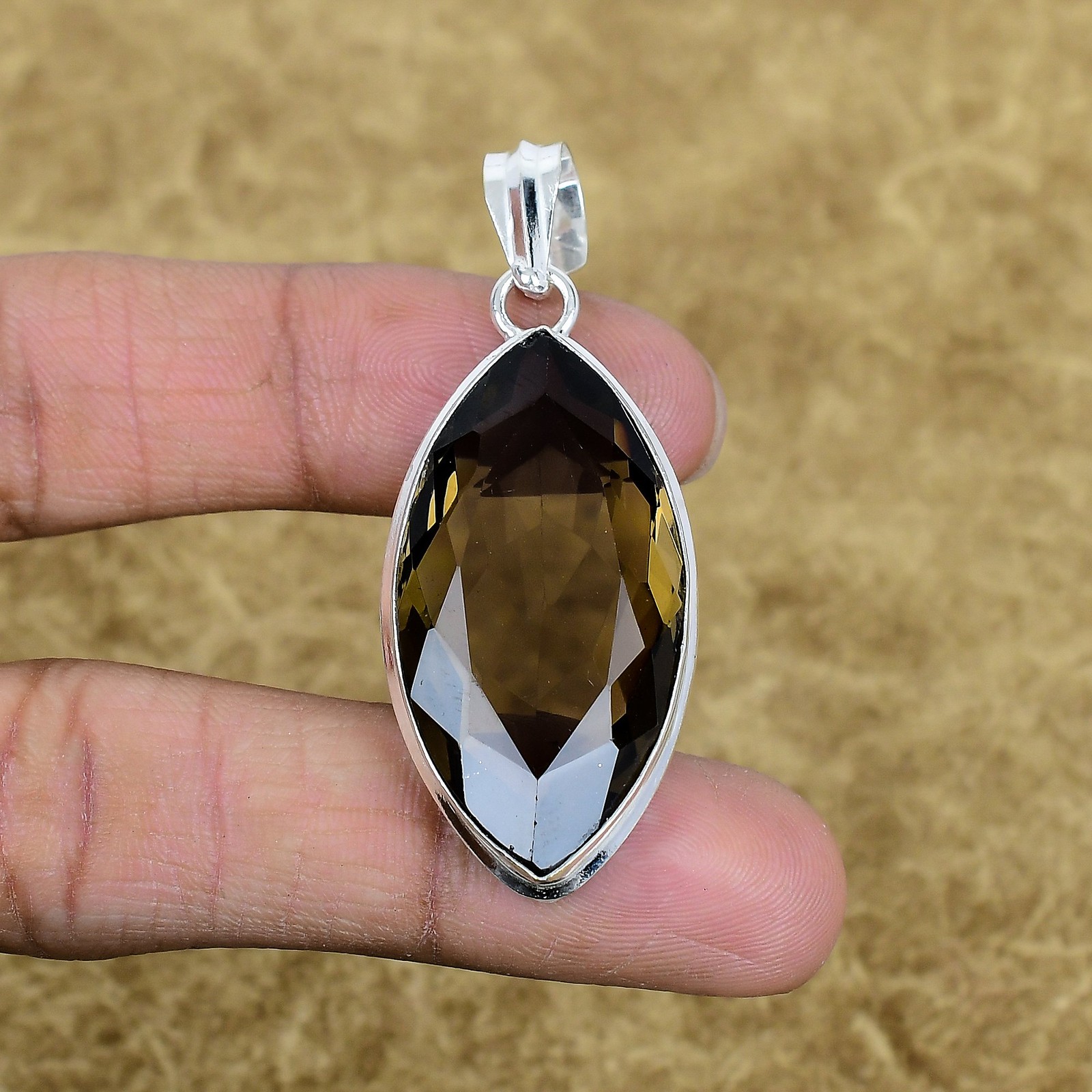 Natural Smoky Quartz Gemstone Gift Pendant 925 Sterling Silver Marquise Jewelry