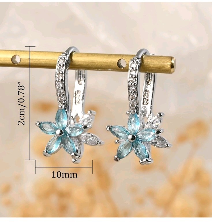 925 Sterling Silver Stamped Double Flower Earings Aquamarine & White CZ Lever Bk