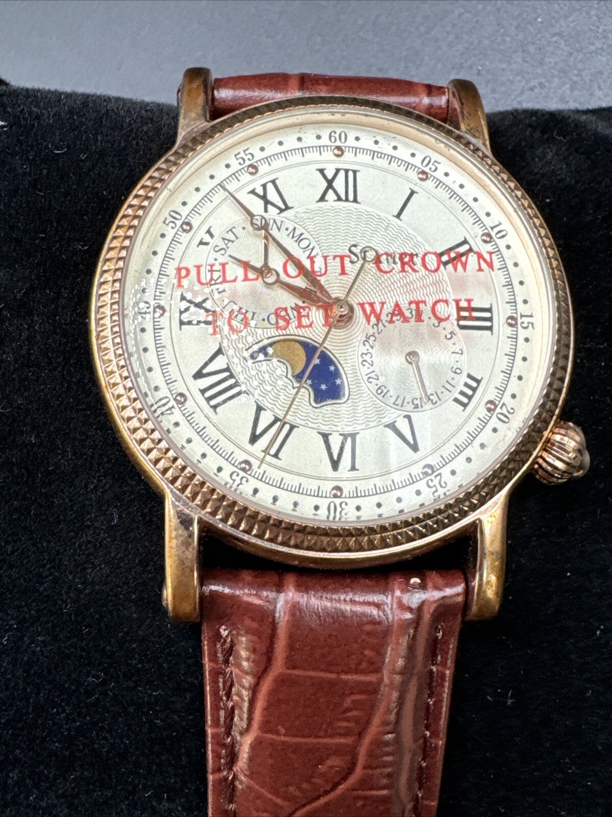 Mens Stauer Round Gold Tone Moonphase Brown Leather Strap Analog Watch 20390 F1