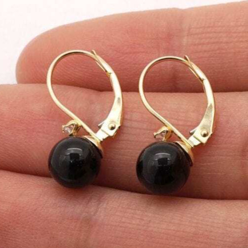 14K Solid Yellow Gold 7mm Diameter Onyx Ball And Zircon Leveback Earrings