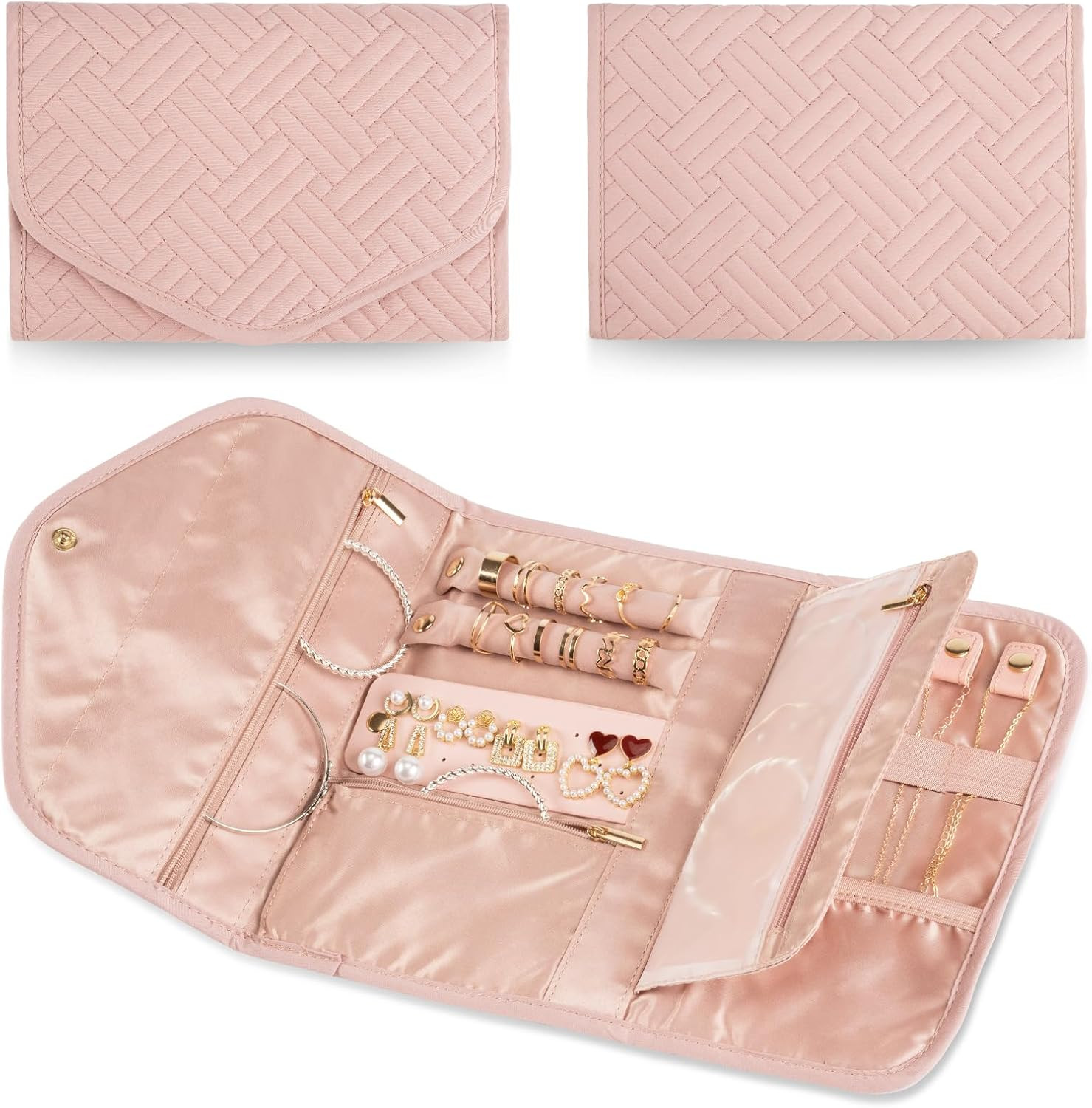 Travel Jewelry Organizer Bag Anti-Tangle Foldable Small Jewelry Roll Travel Case