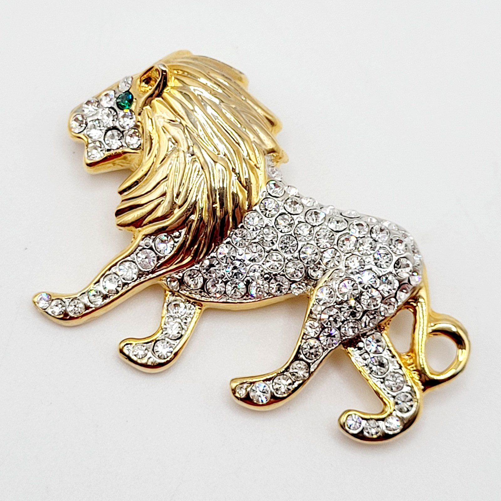 Lion Walking Curled Tail Green Eye Pave Sparkling Crystal Gold Tone Vtg Brooch