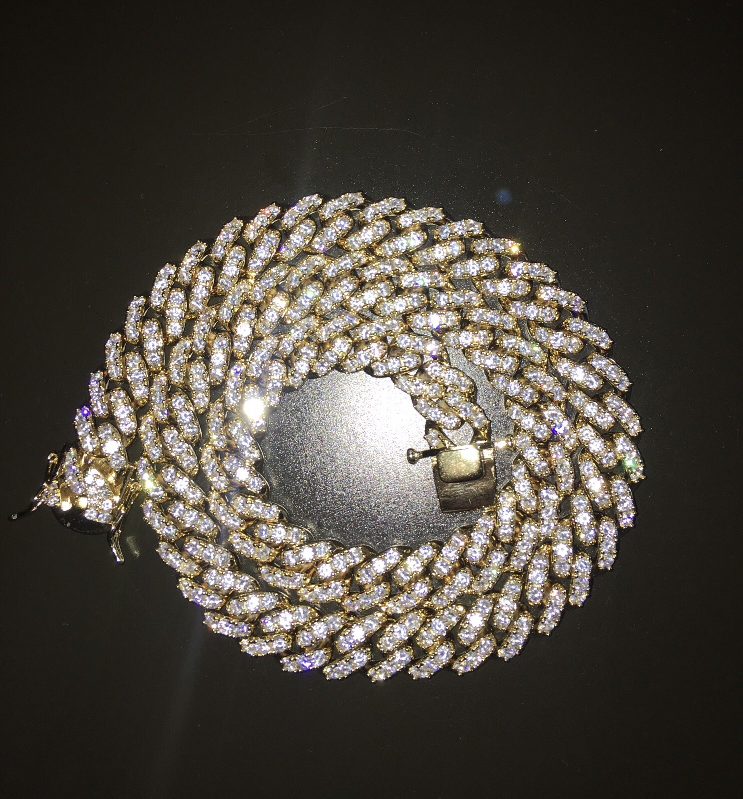 Gold Miami Cuban Link Chain 24in 12mm with Man Made Diamonds 14k Gold Over Steel
