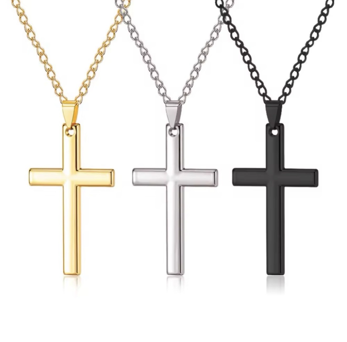 Stainless Steel Cross Necklace 3-Pack Gold Silver Black Unisex Neckless Set