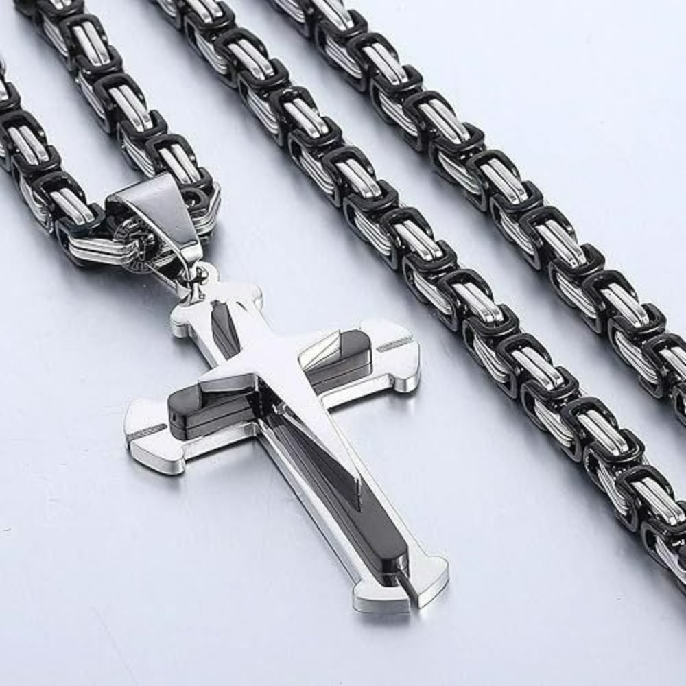 Men’s Heavy Solid Christian Cross Pendant Necklace Three Layer Stainless Steel