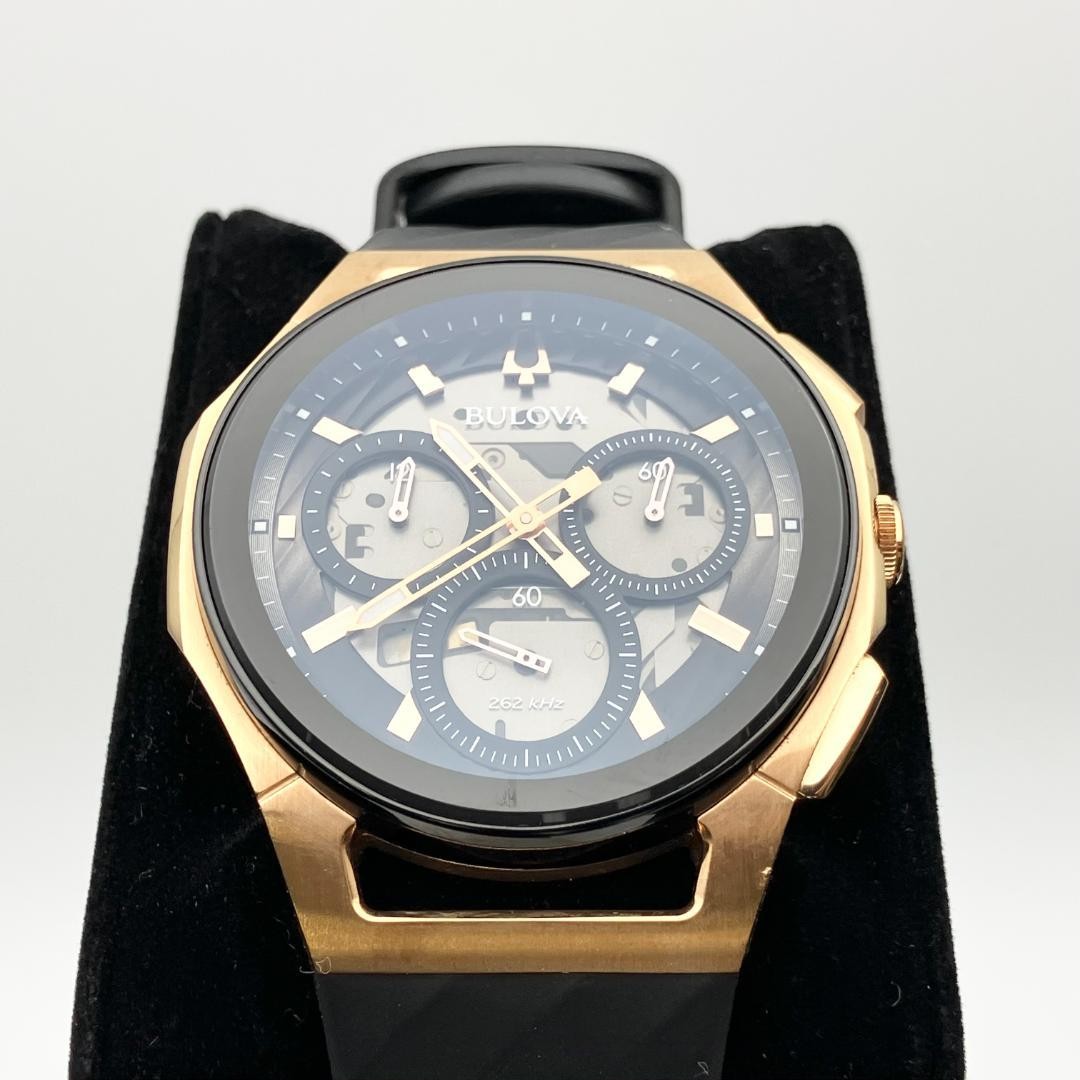 Bulova 98A185 CURV Chronograph Rose Gold Tone Mens Watch Black Rubber Strap Box