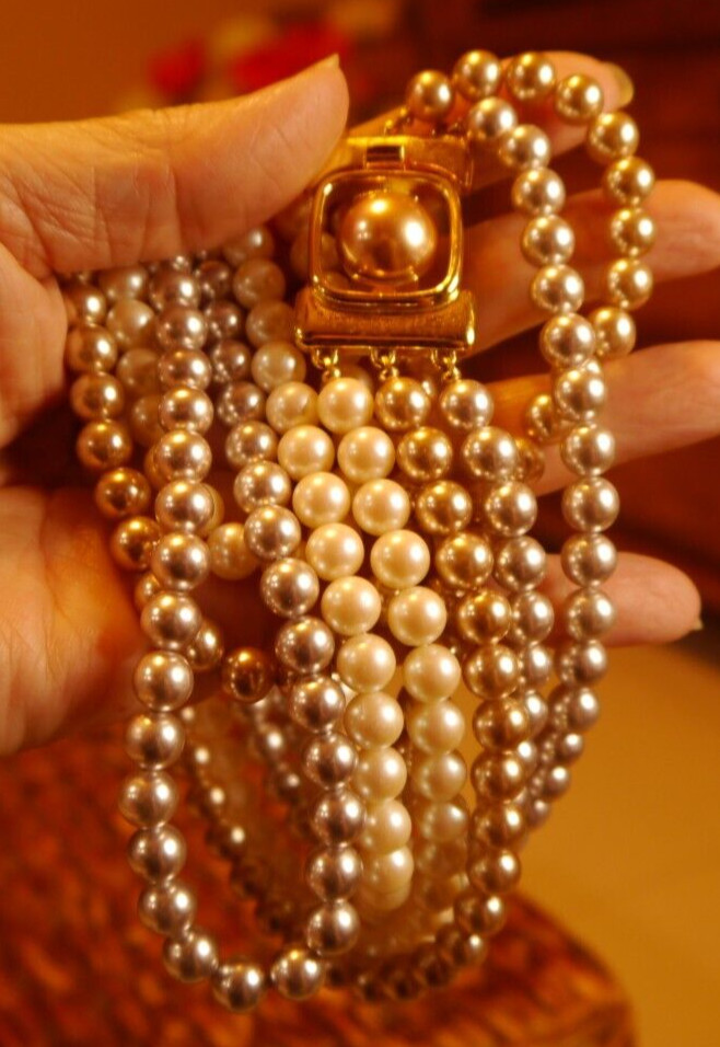 Monet Necklace Faux Pearl Gray Cream Champagne Triple Strand Ornate Box Clasp