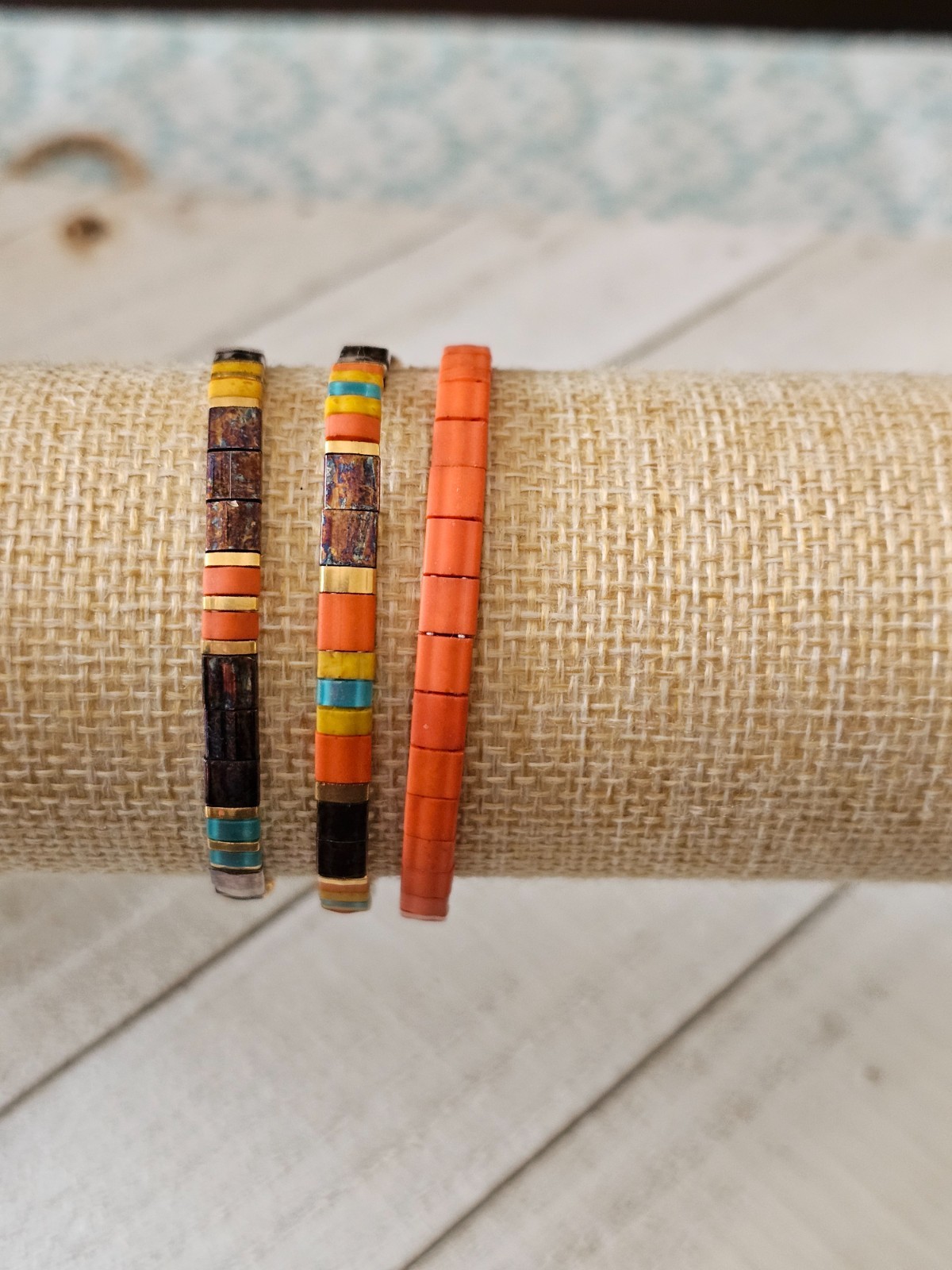 Miyuki Tila Orange Turq Mustard Brown Set Bracelets Glass Tile Stackable NTS6