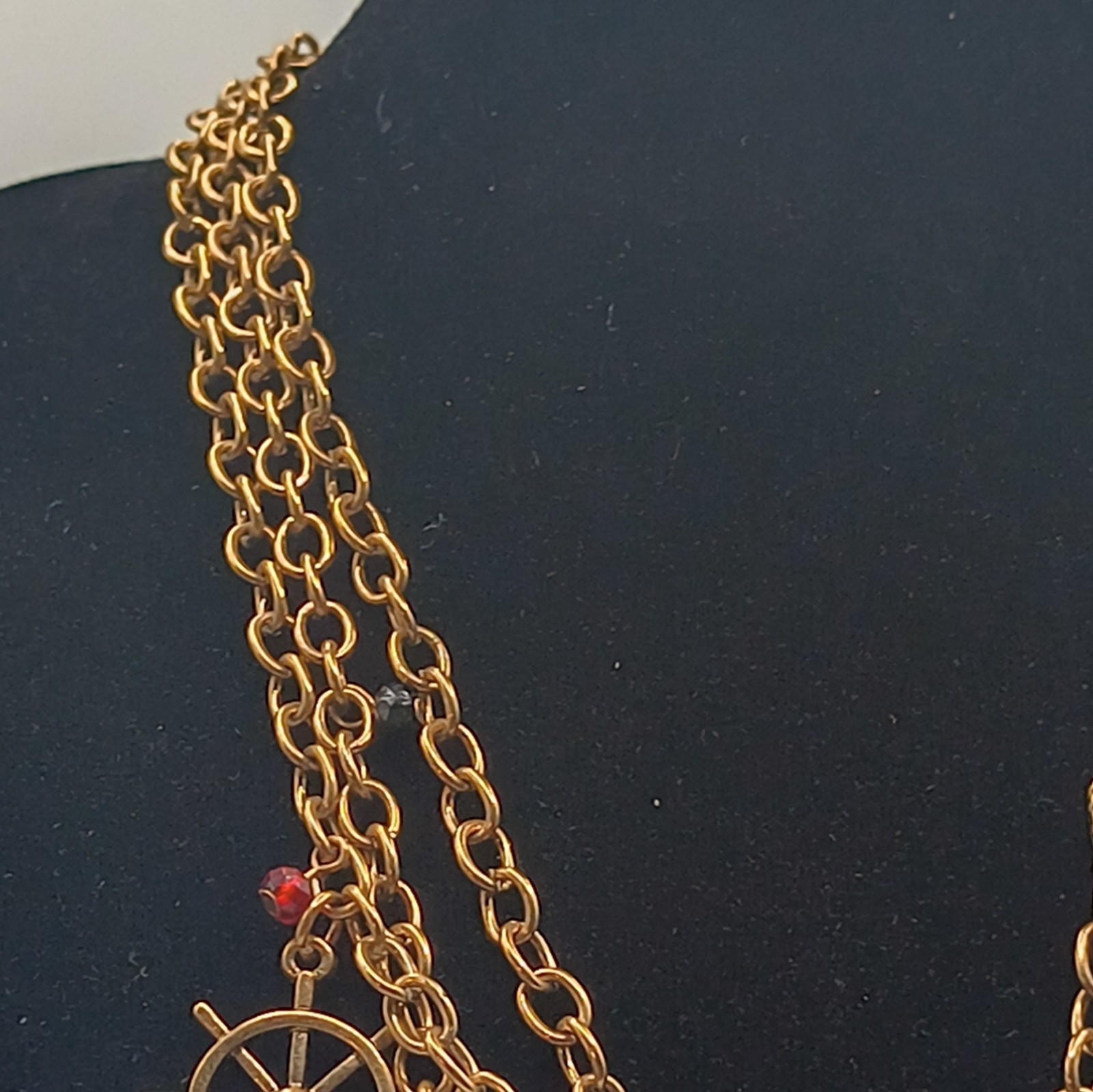 Gold Tone Cable Chain Layered Charm Necklace Nautical Pirate Red Oval Glass