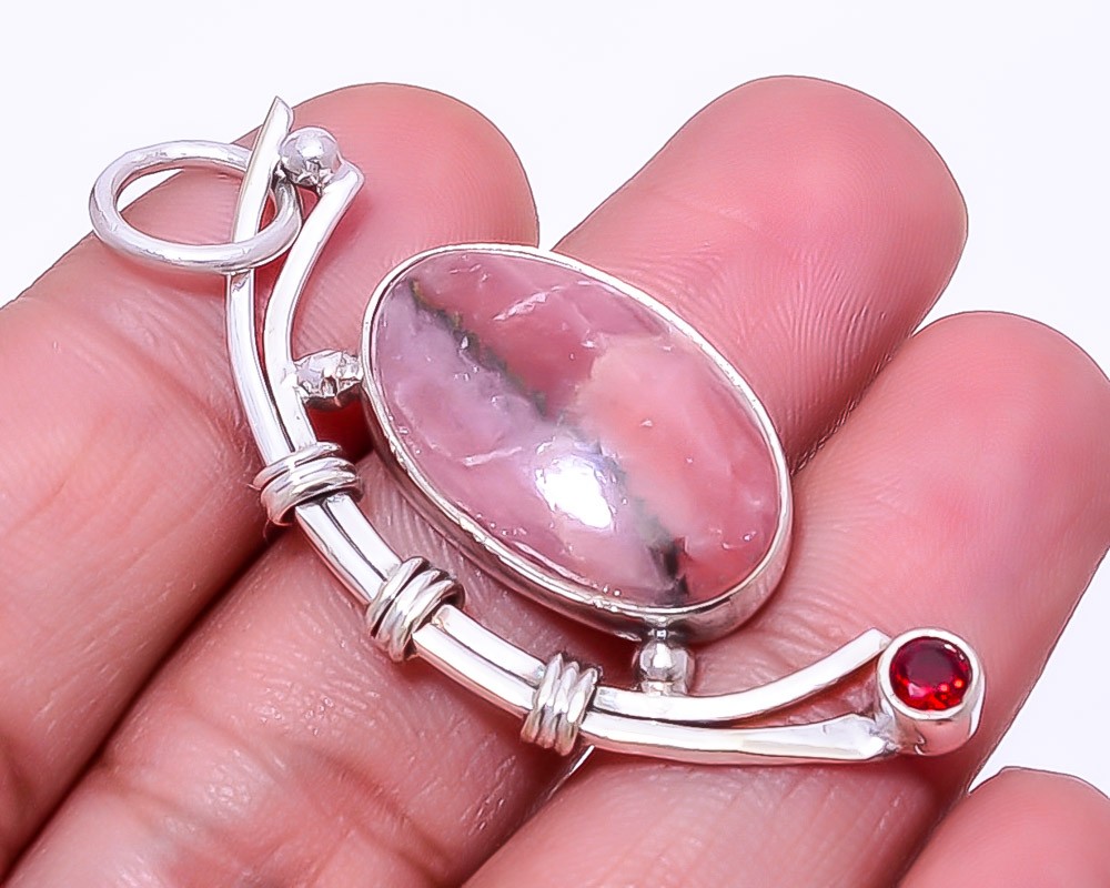 Rhodochrosite – Argentina & Red Garnet 925 Sterling Silver Pendant 1.95″ P46
