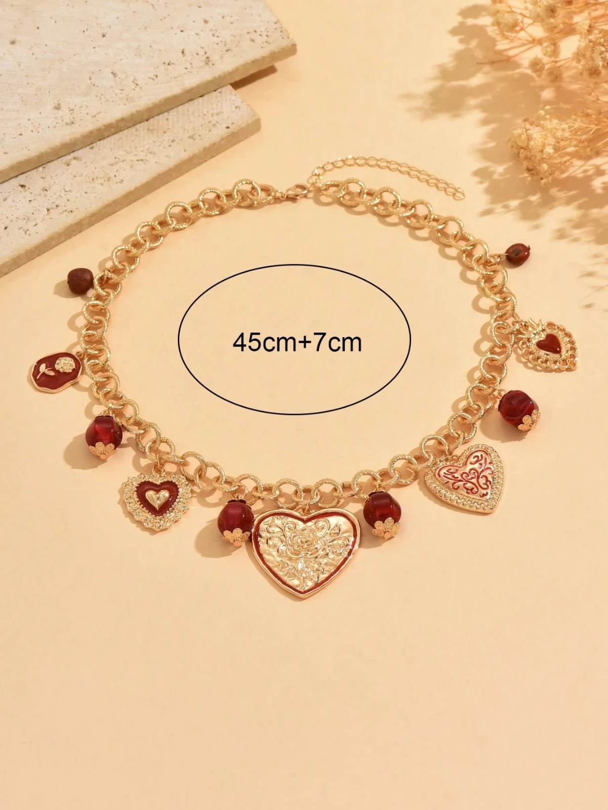 Vintage Style Heart Charm Necklace Gold Red Chunky Chain Statement Jewelry