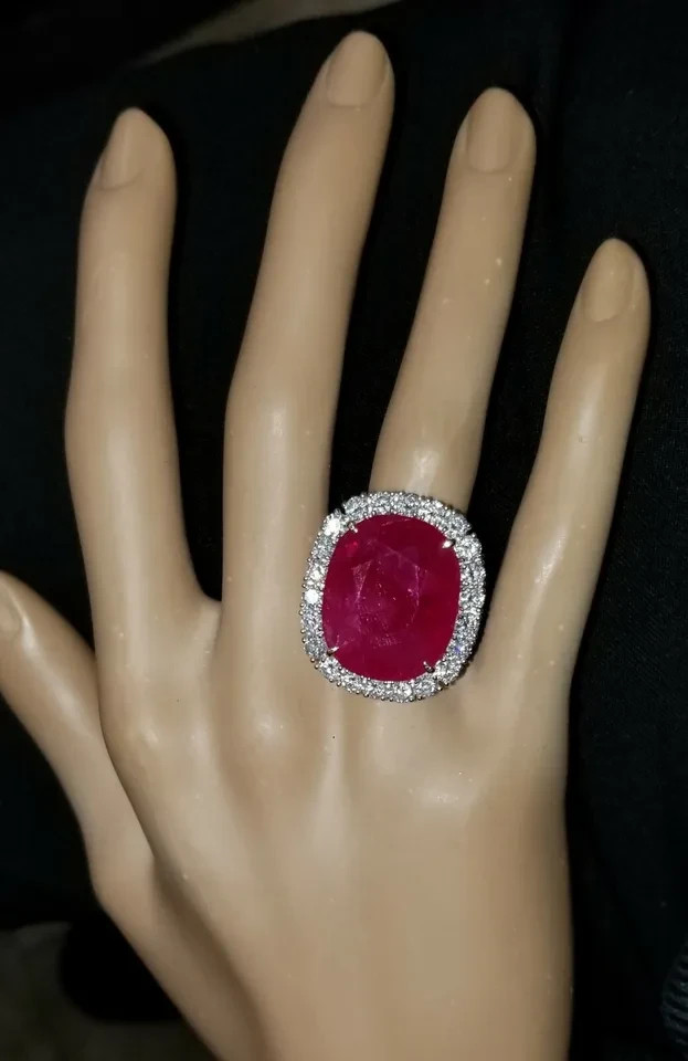 11.80Ct Cushion Cut Natural Ruby & Diamond Engagement Ring 14K White Gold Size 9