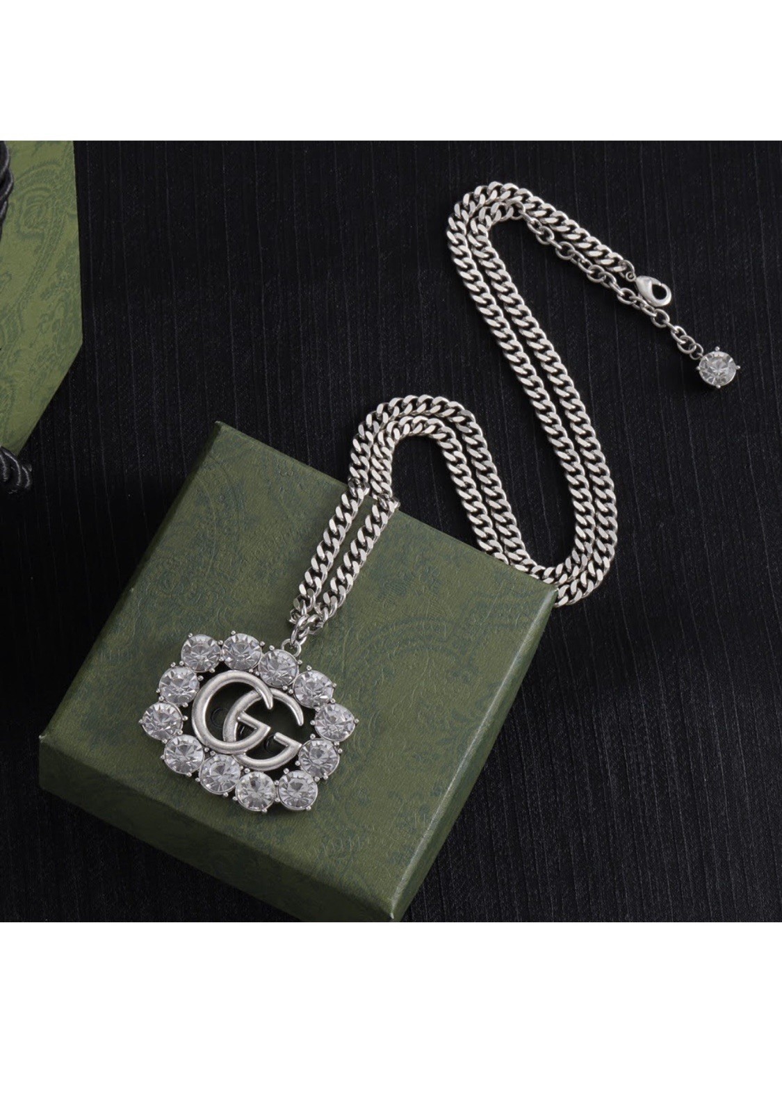 Silver Tone Faux Pearl Cable Chain Necklace Logo Charm Crystal Lobster Clasp