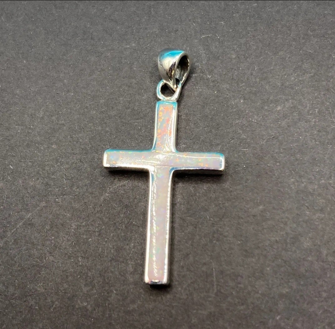 White Lab Opal Cross Pendant Sterling Silver 925 Pretty