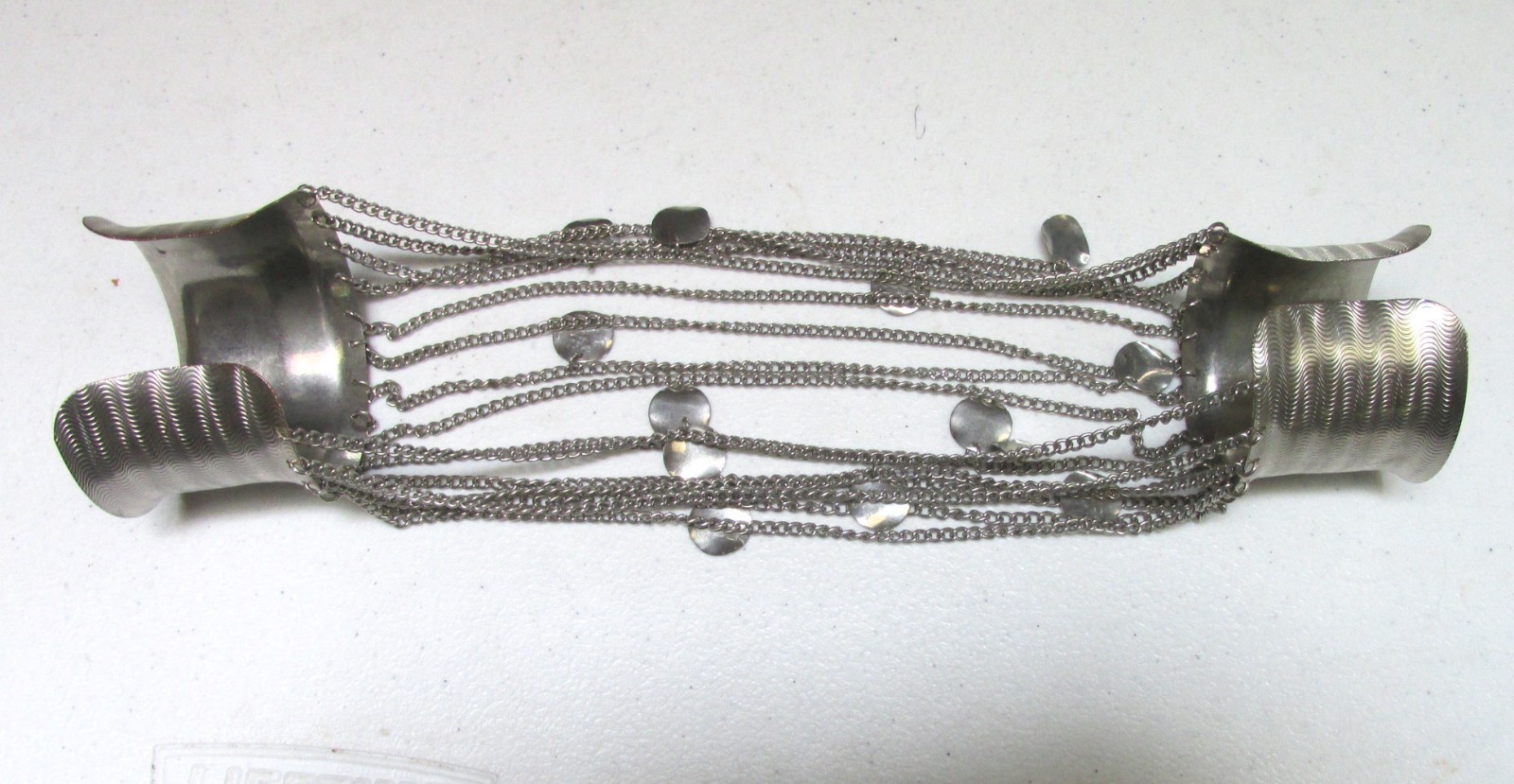 Vintage Belly Dance Metal Silver Tone Arm to Wrist Chain Attached Cuff Bracelets
