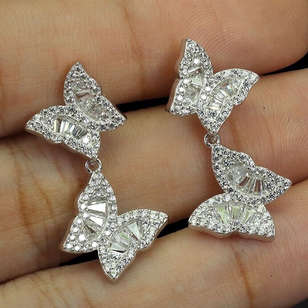 Gorgeous Butterfly Drop Earring Round Simulated Diamond In 14k White Gold Plated