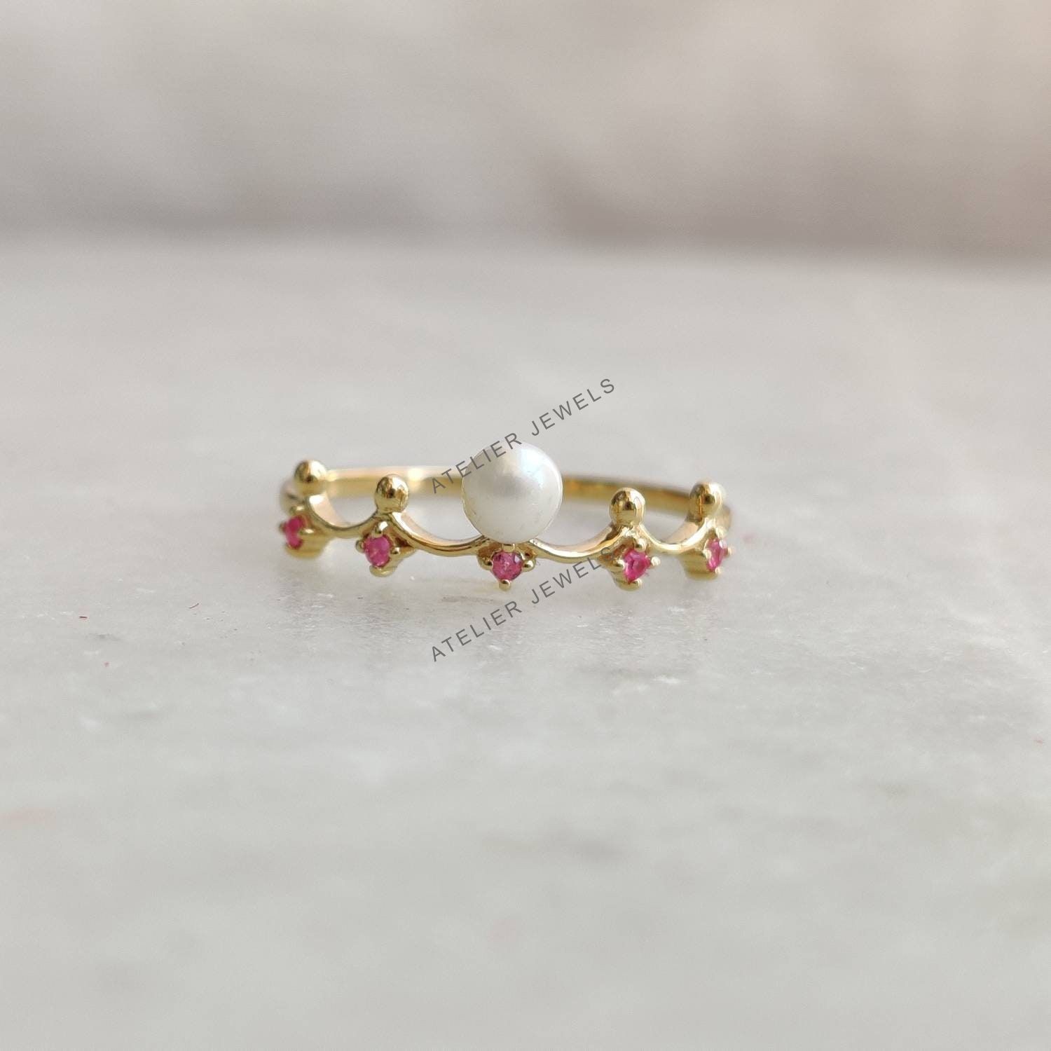 0.43 Ct Natural Pearl Ruby Band Ring 14K Gold Minimalist Birthstone Jewelry Gift