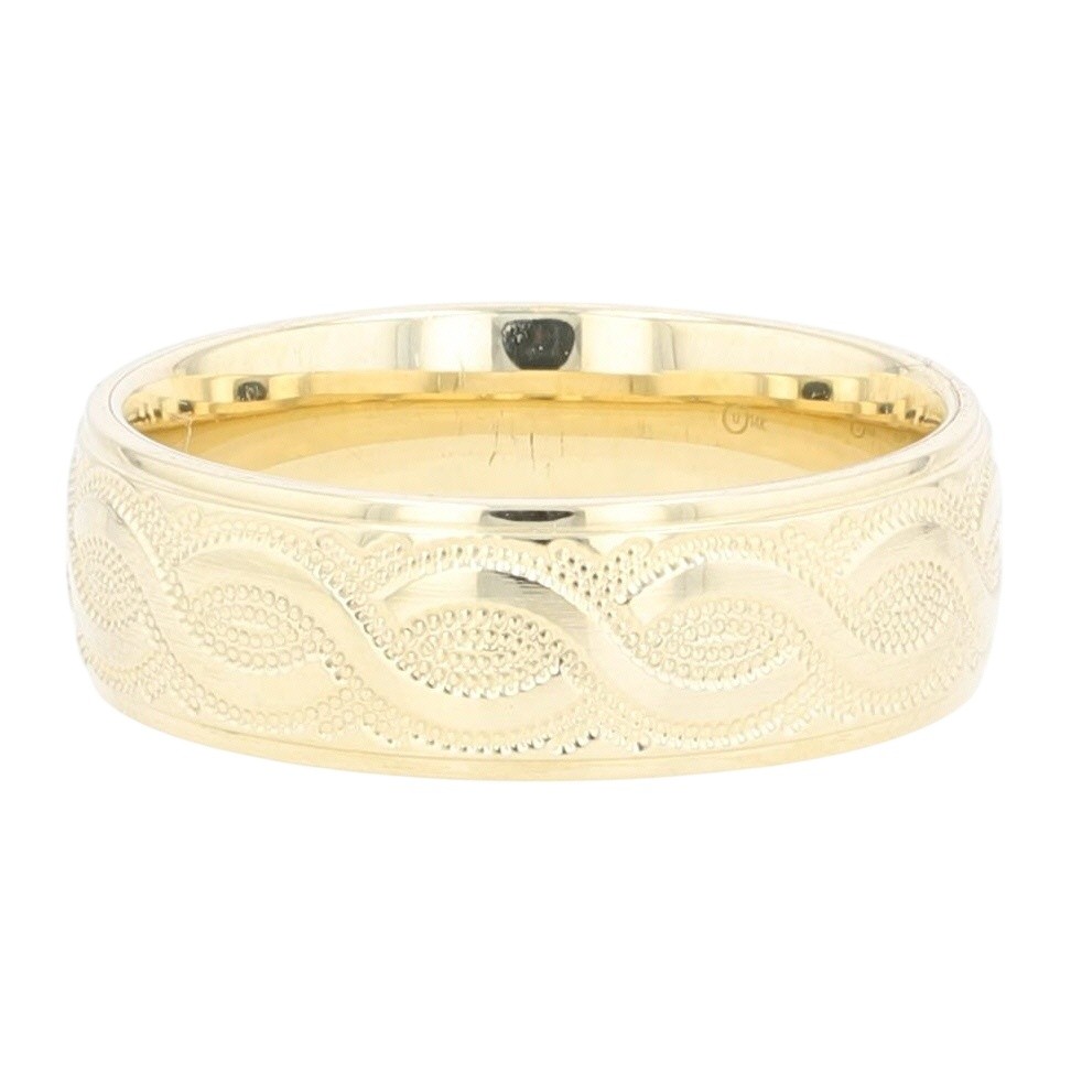 6.9mm Textured Scroll Pattern Wedding Band 14k Yellow Gold 3.98 Grams Size 9