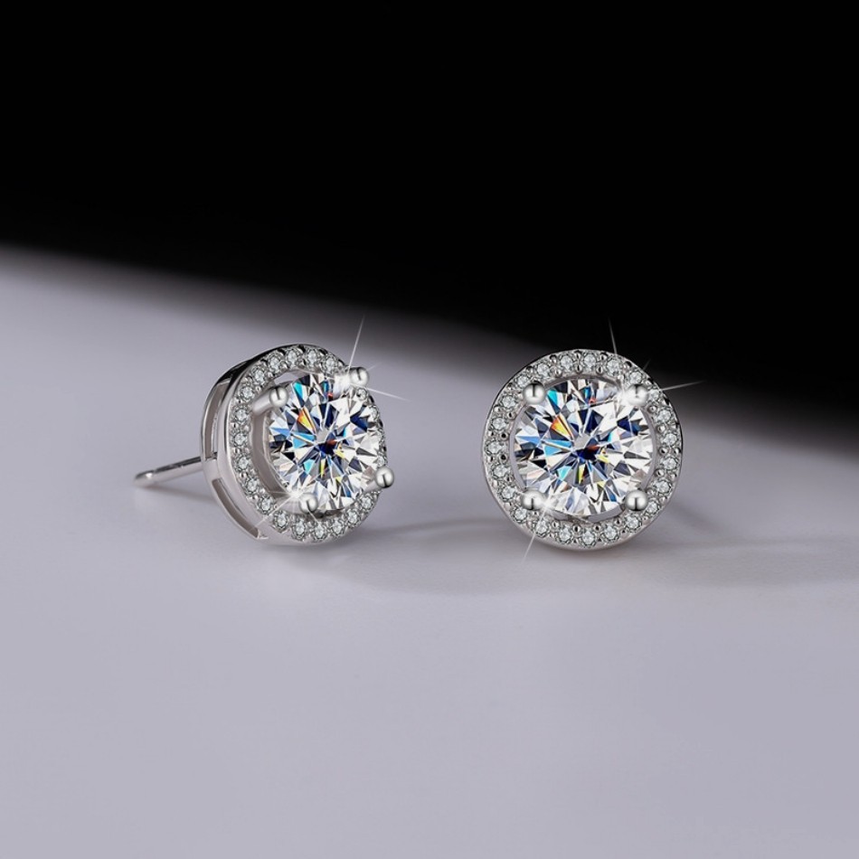 Classic Halo Zircon Stud Earrings Silver Plated Straight Needle Mini Daily Studs